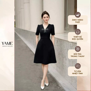 Váy nữ dáng A vải tuyết mưa đính dây kim tuyến đá hình nơ YAME YV330