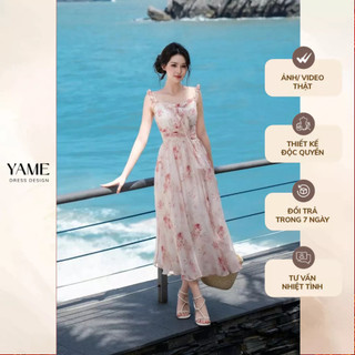 Váy nữ dáng dài hai dây nhún eo thắt nơ trang trí vải tơ ngọc trai hoạ tiết hoa mặc hè YAME YV399