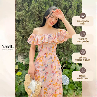 Váy hoa nữ ngắn tay dáng dài trễ vai bèo đính cúc Roise Dress màu hồng chất tơ tằm cao cấp YAME