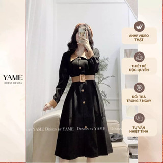 Váy nhung phối da nâu dáng dài cổ sơ mi kèo đai belt cực tôn dáng YAME