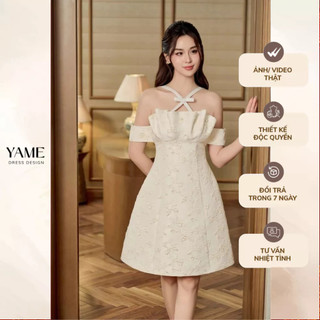 Váy nữ dáng A cổ xếp nhún cách điệu đính ngọc trai thắt dây nơ vải tafta gấm be YAME YV342
