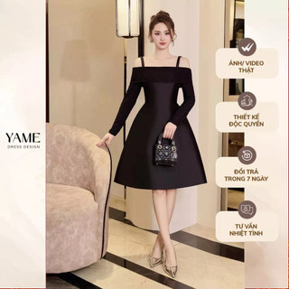 Váy nữ dài tay dáng A phối thun tay hở vai có dây màu đen vải tafta YAME YV316