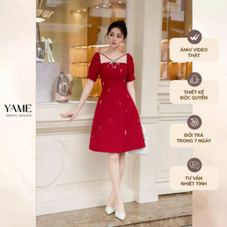 Váy nữ dáng A đính cườm cổ vuông cài nơ đá vải chéo đỏ YAME YV328