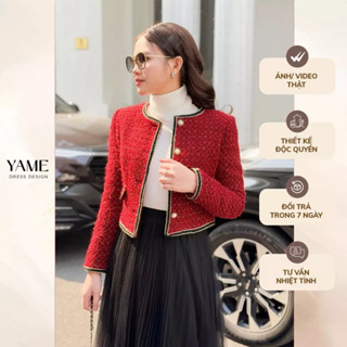 Áo khoác nữ dạ tweed kim sa nhiều màu dáng lỡ dài tay cổ tròn phối viền tết YAME YAK539