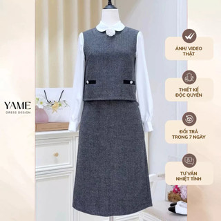   CÓ TÁCH SET  Set dạ Áo dáng lỡ phối tay và cổ sơ mi kèm Chân váy A dáng dài YAME YA536+YCV536 