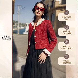  Áo khoác nữ dạ tweed nhiều màu đính kim tuyến dáng crop dài tay phối viền tơ nhún YAME YAK529 