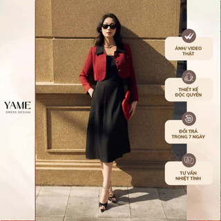   TÁCH SET  Set Áo Khoác Dạ Dáng Crop Vạt Tròn Dài Tay Cổ Bẻ & Váy Đen Dài Hai Dây YAME YA+YV789 