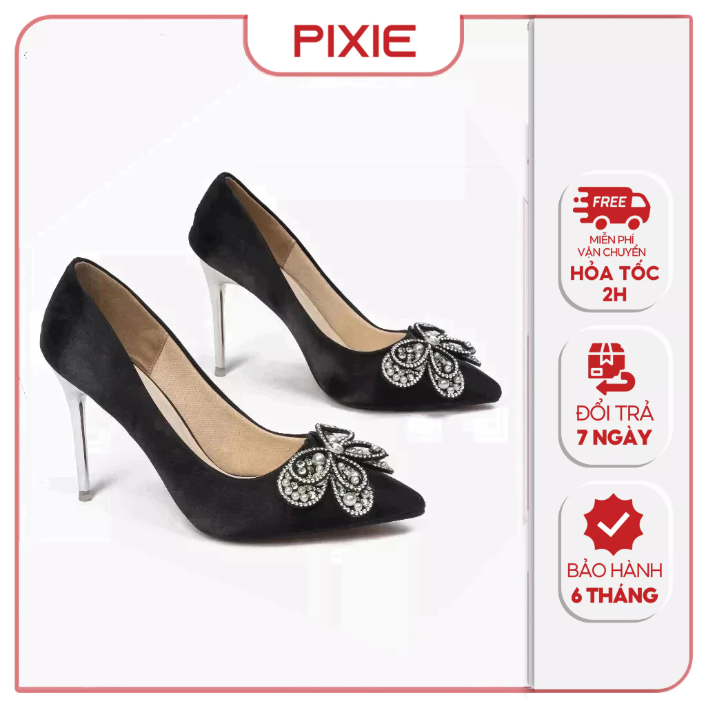 Giày Cao Gót 7cm Phối Nơ Đính Đá Pixie E249