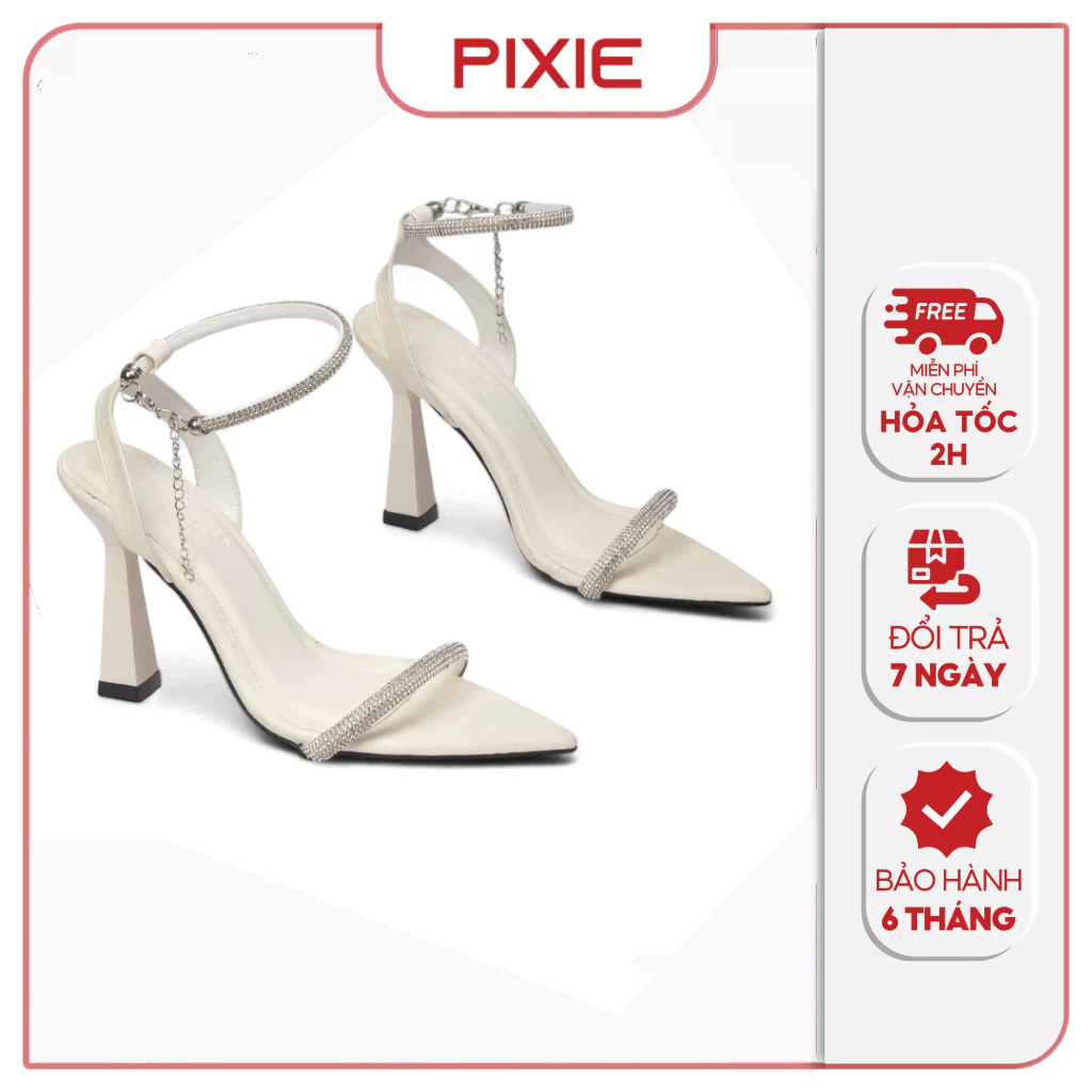 [Form nhỏ tăng size] Giày Sandal Cao Gót Nữ 7cm Mũi Nhọn Quai Đính Đá Pixie E254