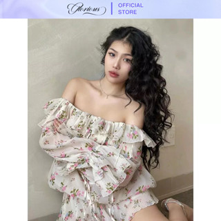 GLORIOUS Set hai món đầm trễ vai tay dài in hoa kèm quần - chất liệu voan tơ mềm mại - DAHLIA MINI DRESS