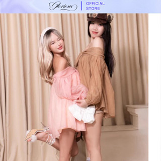 GLORIOUS Áo váy trễ vai phối nơ dáng babydoll kèm quần AQUAMARINE DRESS chất liệu tơ rũ màu xanh tay bồng