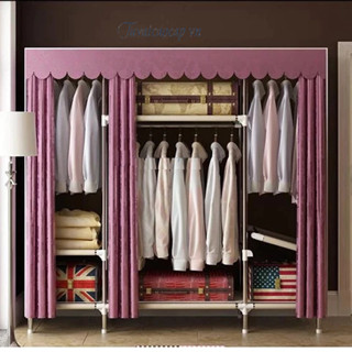 Tủ Kệ Treo quần áo Tủ Vải khung gỗ 3 buồng 8 Ngăn Tủ Treo Quần Áo Chắc Chắn Gô bọc nhựa Chống Ẩm Mốc