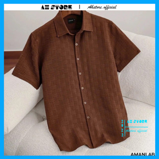 Áo sơ mi nam cổ bẻ ngắn tay phong cách, áo ngắn nam vải lụa dập vân trẻ trung - AHSTORE