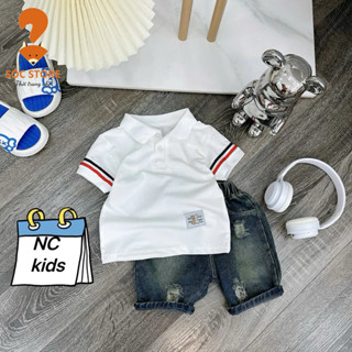Bộ bé trai áo thun polo trắng vải thun cá sấu phối quần jean rách cho bé 7-26kg. Chất vải dày đẹp - Đồ đi chơi, đi học