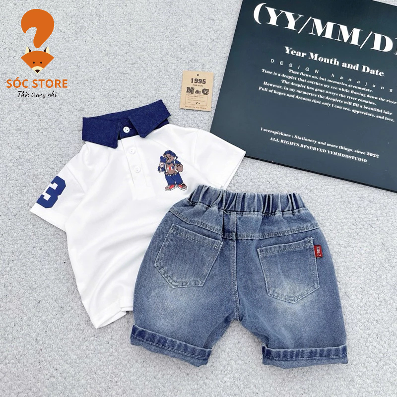  Bộ polo jean bé trai áo thun cổ coton cổ bẻ trắng viền xanh quần jean cho bé 7-26kg - Đồ đi chơi đi học 