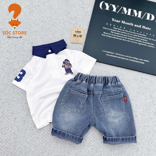 Bộ polo jean bé trai áo thun cổ coton cổ bẻ trắng viền xanh quần jean cho bé 7-26kg - Đồ đi chơi đi học