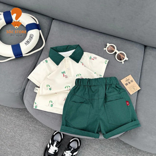 Bộ polo bé trai áo thun coton quần kaki xanh cho bé 7-26kg, áo hoạ tiết cây dừa có cổ, quần kaki dày