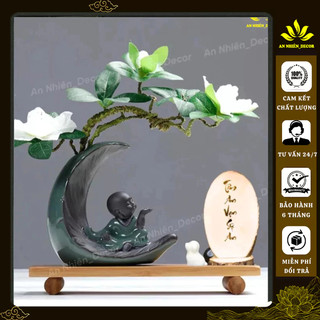 Set Kệ Gỗ Bình Bán Nguyệt Chú Tiểu, Hoa Đỗ Quyên, Chữ Thư Pháp, Trang Trí Góc Làm Việc, Phòng Khách -TẶNG KÈM PHỤ KIỆN