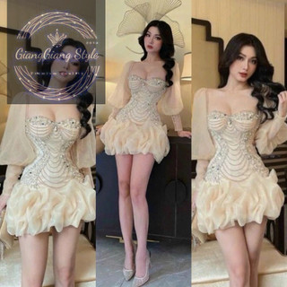 VÁY KIM TUYẾN LƯỚI  BODY TAY BỒNG ĐÍNH HẠT CHÂU 140824