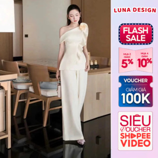 Set Đồ Hot Girl Dự Tiệc Sang Chảnh Luna Design Áo Kiểu Lệch Vai Phối Hoa Cuộn Kèm Quần Suông Dài Tôn Dáng Hẹn Hò Dạo Phố