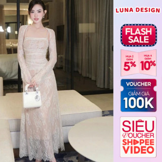 Set Đồ Hot Girl Thiết Kế Luna Design Váy Ren Hai Dây Cúp Ngực Dáng Dài Lót 2 Lớp Kèm Áo Khoác Ngoài Đi Tiệc Sang Chảnh