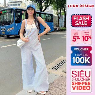 Set Đồ Nữ Denim Style Y2K Luna Design Kiểu Yếm Bò Kẻ Sọc Xanh Kèm Áo Hai Dây Bozip Đi Chơi Dạo Phố Trẻ Trung Năng Động