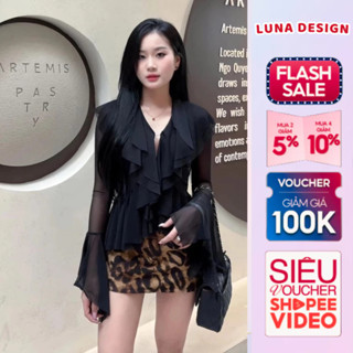 Set Đồ Hot Girl Sang Chảnh Luna Design Áo Tơ Kiểu Tay Loe Cổ V Phối Chân Váy Da Beo Đi Tiệc Dạo Phố Quyến Rũ