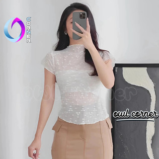 Áo Thun TAY NGẮN REN HOA NỔI Cổ Cao Có Lót Trong Dáng Dài DD84, Áo Thun Nữ Chất Ren Kiểu Xuyên Thấu OWL CORNER