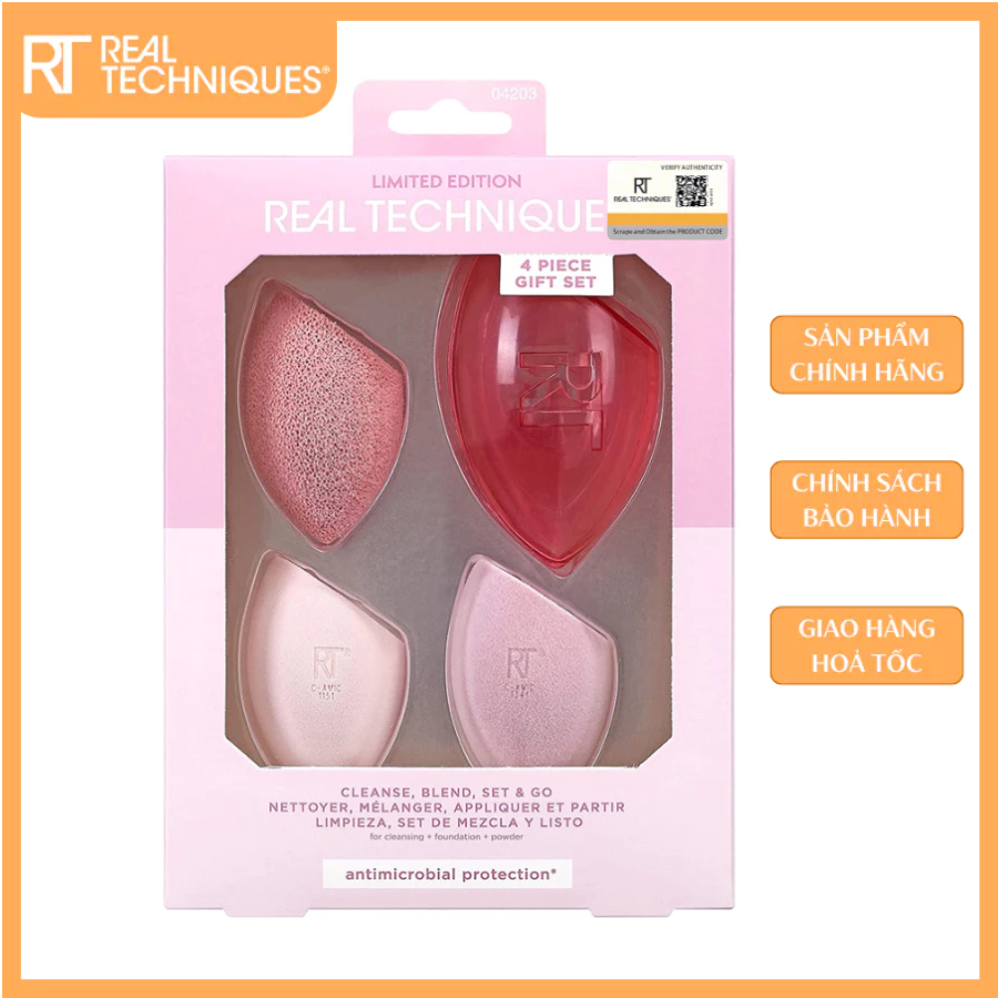 set 4 mút tán RT REAL TECHNIQUES Limited Edition Cleanse, Blend, Set and Go Makeup Sponge Set
