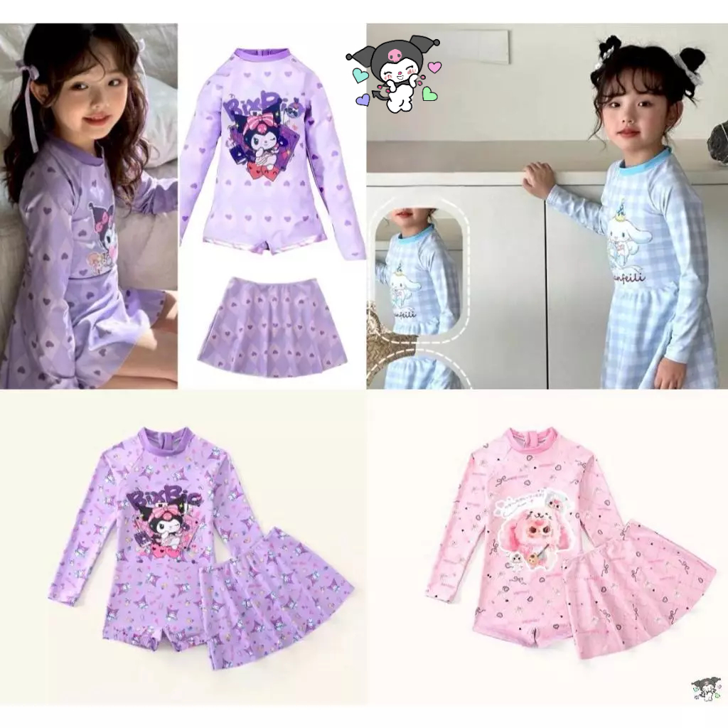 (13-40kg)ĐỒ BƠI, BIKINI LIỀN QUẦN TAY DÀI KÈM VÁY RỜI HOẠ TIẾT KUROMI, CINAMOL XINH XẮN CHO BÉ GÁI DIỆN ĐI BIỂN, ĐI BƠI