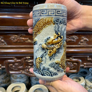 Ống Cắm Hương, Lọ Đựng Hương - Họa tiết Rồng - Sen - Men Rạn Đắp Nổi Bát Tràng