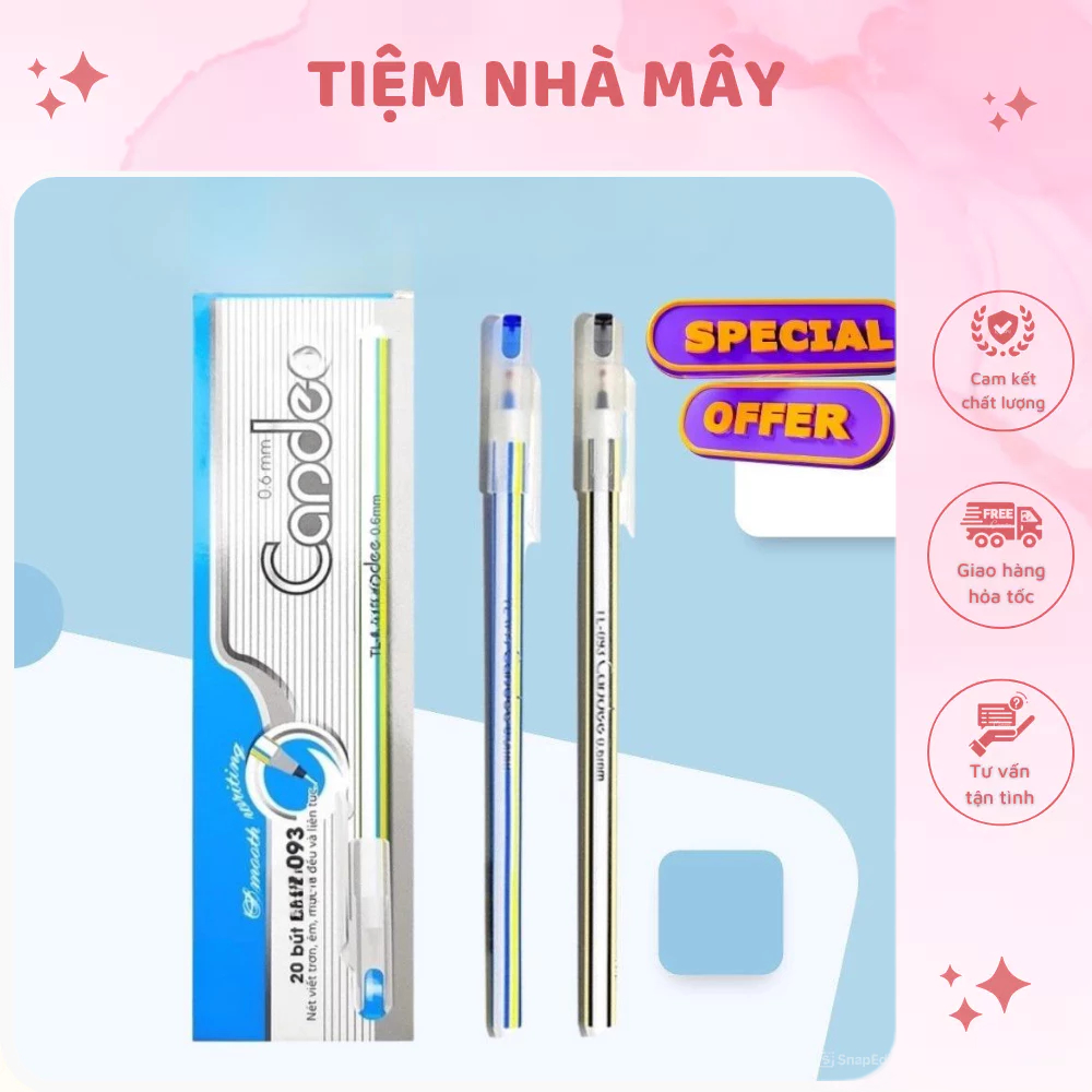 Hộp 10/20 Chiếc Bút Bi Nến Can.dee T.L 093 Mực Xanh Đen Ngòi 0.6mm Nét Chữ Thanh Mảnh, Mực Đều Viết Trơn Tru