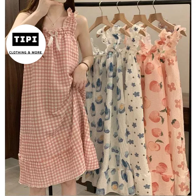 Váy ngủ hai dây (có đệm ngực ) dáng suông qua gối, đầm ngủ thun cotton kèm nơ Nigma P3-D2