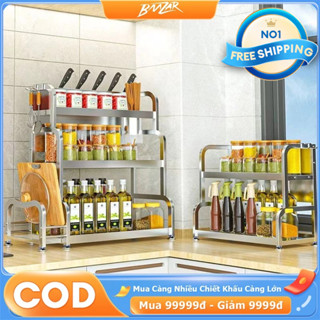 BMZAR Kệ Gia Vị INOX 304 Đặt Kệ Đựng Gia Vị 2/3 tầng, Kệ hũ gia vị để bát đũa dao thớt giá để soong nồi đa năng