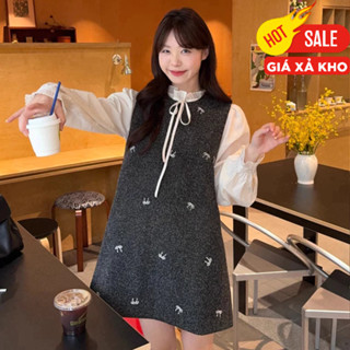  Set váy đầm vest không tay mix áo sơ mi cổ ren sơ mi nữ mix váy yếm form suông chữ A 5313 