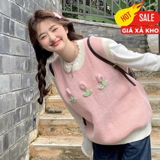 Áo gile len nữ hồng ngực đính hoa, gile len nữ phối sơ mi cổ búp bê tay bồng Hàn Quốc 4501