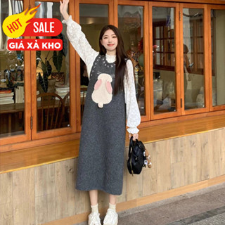 Đầm len nữ dáng dài phối sơ mi ren tiểu thư, váy len nữ dệt kim mềm mại thêu thỏ Hàn Quốc 4836