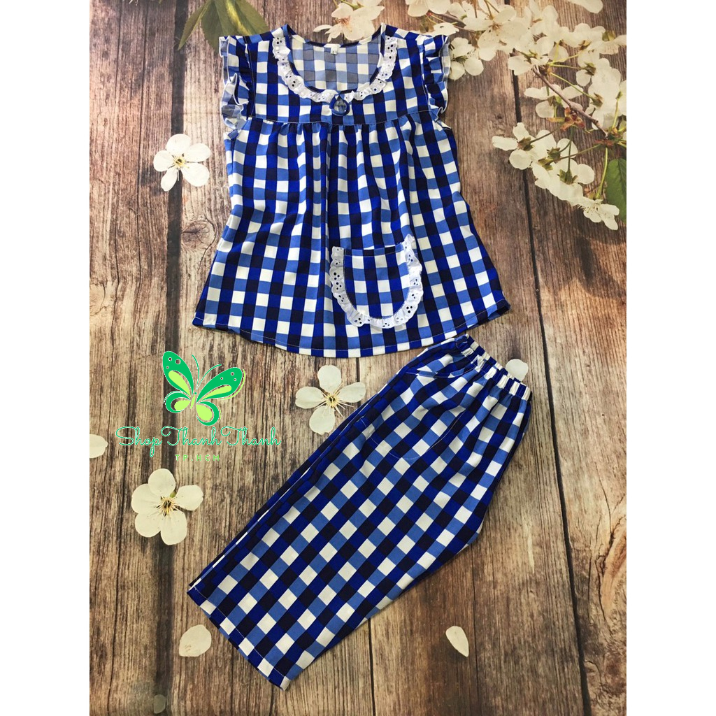 (Ava) Lụa Twill Quần lửng Tay cánh tiên Cổ tròn Caro Đồ bộ mặc nhà Big Size 40kg - 90kg ShopThanhThanh. HCM Mã 033