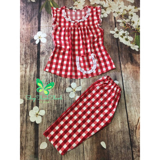 (Ava) Lụa Twill Quần lửng Tay cánh tiên Cổ tròn Caro Đồ bộ mặc nhà Big Size 40kg - 90kg ShopThanhThanh. HCM Mã 033