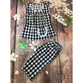 (Ava) Lụa Twill Quần lửng Tay cánh tiên Cổ tròn Caro Đồ bộ mặc nhà Big Size 40kg - 90kg ShopThanhThanh. HCM Mã 033