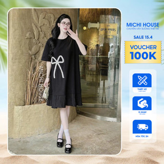 Đầm Thun Suông MICHI HOUSE Váy Xuông Đính Nơ Ngắn Tay Cổ Tròn Freesize K196