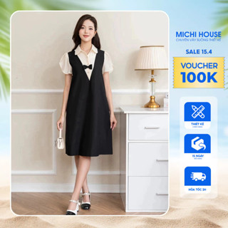 Đầm Suông MICHI House Váy Xuông Công Sở Màu Đen Cổ Sơ Mi Đính Nơ Dáng Dài Đến Gối Bigsize V747