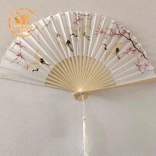 (Sỉ-Xuân Hạc) Quạt Cổ Trang Quạt Cầm Tay Bằng Vải Lụa Thân Tre Xếp Xòe Tròn Dùng Làm Trang Trí, Quà Tặng, Decor, Đạo Cụ