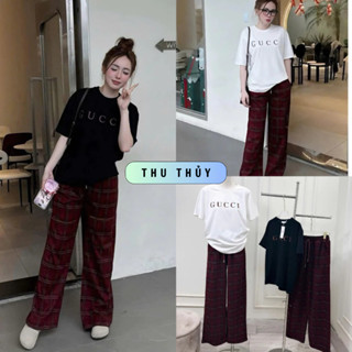 [Freeship] Set Bộ Đồ Nữ Áo Phông GC Chất Cotton, Mix Quần Kẻ Xuông Siêu Hot [Freeship]