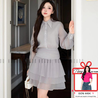 Đầm xám phối voan NGADO , đầm sơ mi , đầm dài tay