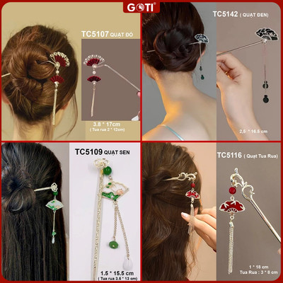GOTI Trâm Cài Tóc Phong Cách Cổ Trang Dành Cho Nữ Hiện Đại -Trâm Búi Tóc Hình Quạt Đỏ Tết TC5107