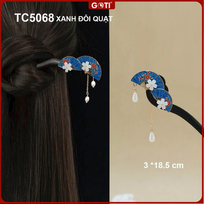 GOTI Phụ Kiện Tóc Nữ - Trâm Cài Tóc Thân Gỗ Họa Tiết Quạt Xanh Hoa Trắng Thanh Lịch Sang Trọng TC5068  TC5069 TC5070