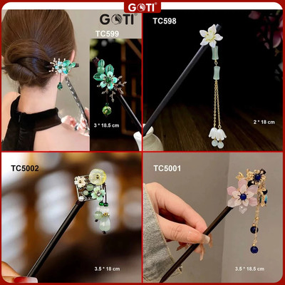 GOTI - Phụ Kiện Búi Tóc Nữ Đơn Giản Kiểu Trâm Cài Tóc Gọng Nhựa Đen Phong Cách Cổ Trang Hình Hoa Xanh Thanh Lịch TC593