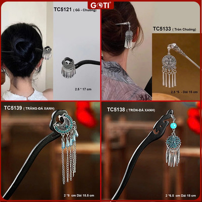 GOTI Trâm Cài Búi Tóc Cổ Trang Dành Cho Nữ Thân Gỗ Họa Tiết Tròn Tua Rua Dự Tiệc Sang Trọng TC5115
