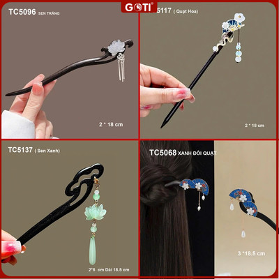 GOTI Trâm Cài Tóc Nữ Kiểu Trâm Cài Tóc Cổ Trang Thanh Lịch Thân Gỗ Hoa Sen Tua Rua Dự Tiệc TC5121